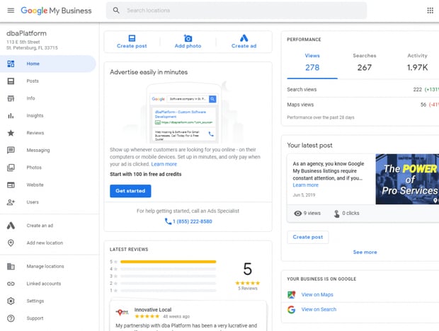 google business profile dashboard view