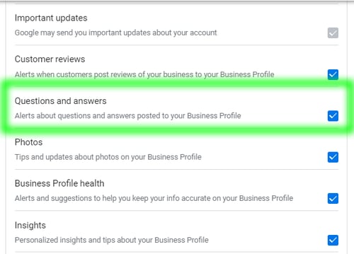 Google Business Profile account showing location of Q&A settings and monitoring. 
