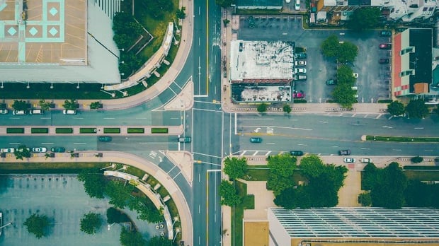 aerial view of city street corner