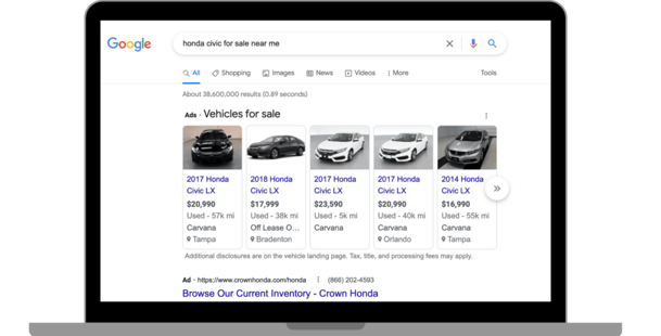 Google search of cars for sale near shopper. 