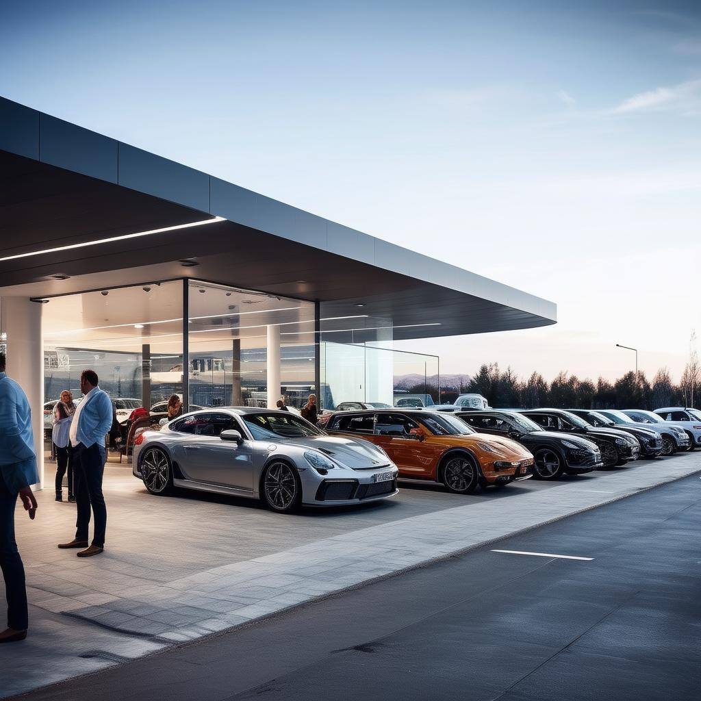 a modern car dealership with people