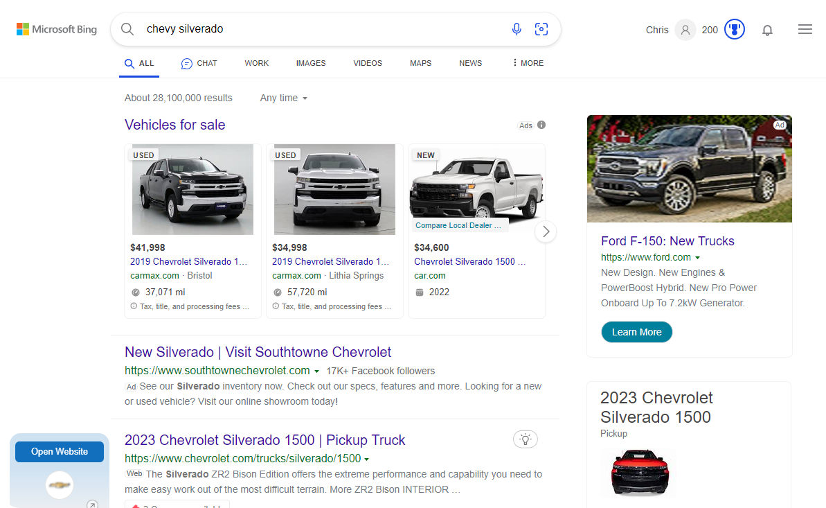 Vehicle listing ads on Bing