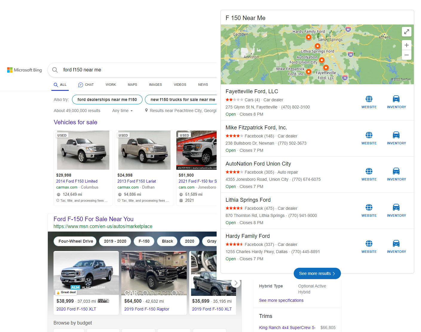 Local vehicle inventory on Bing search result pages