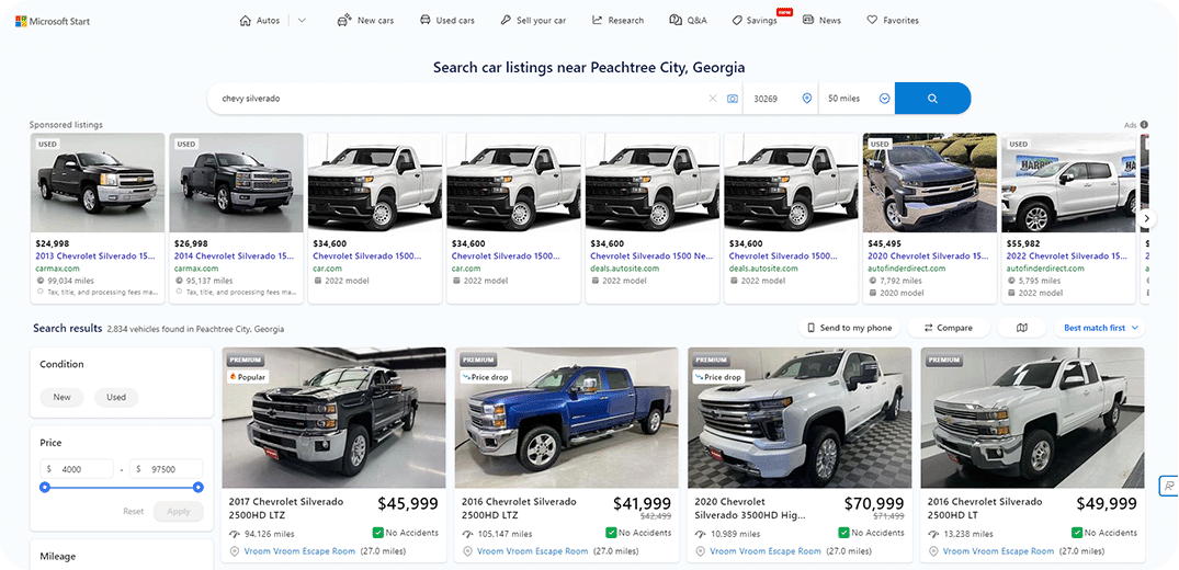 Microsoft vehicle listings featured in the Start auto marketplace
